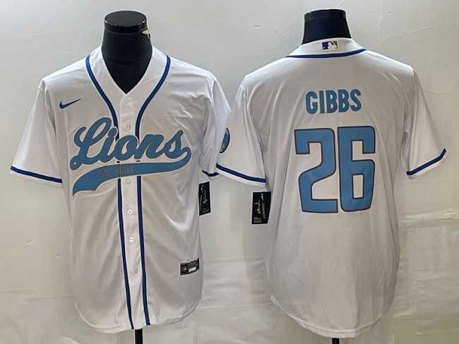 Mens Detroit Lions #26 Jahmyr Gibbs White Cool Base Stitched Baseball Jersey